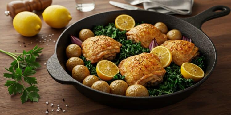 Poulet au Citron et Kale : Recette Facile - Viral Mag Découvrez une recette savoureuse de poulet au citron avec pommes de terre et kale parfaite pour un dîner rapide et sain Facile et délicieux Viral Mag