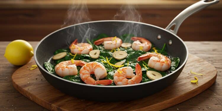 Recette Facile de Crevettes à l’Ail et Épinards - Viral Mag Découvrez une recette rapide de crevettes à lail et épinards en une seule casserole parfaite pour un dîner sain et savoureux en semaine Viral Mag