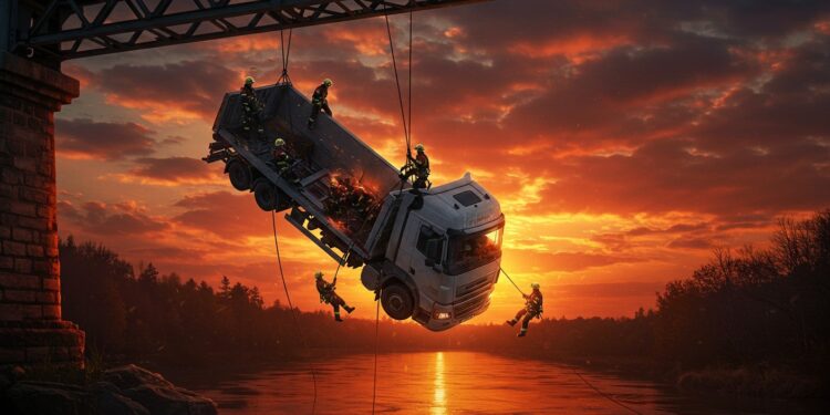 Un camionneur coincé dans sa cabine suspendue à un pont est sauvé par des pompiers dans une opération spectaculaire Découvrez ce récit haletant   Viral Mag