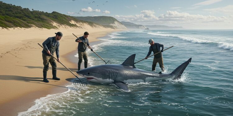 Sauvetage Héroïque d’un Requin Blanc en Australie - Viral Mag Trois Australiens sauvent un requin blanc de 3 m échoué Découvrez ce sauvetage audacieux et les raisons des échouages de requins Viral Mag
