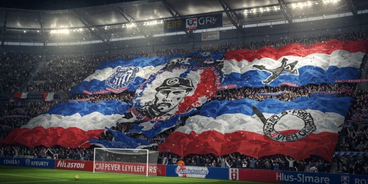 Les supporters lyonnais dévoilent un tifo patriotique émouvant lors dOL RCL célébrant lhistoire et larmée française Découvrez ce moment fort   Viral Mag