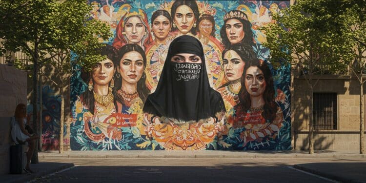 Vandalisme d’une Fresque Féministe à Barcelone : Un Acte Chargé - Viral Mag Fresque féministe vandalisée à Barcelone avec des niqabs peints Un acte qui soulève des questions sur la liberté et les tensions sociales Découvrez lhistoire Viral Mag