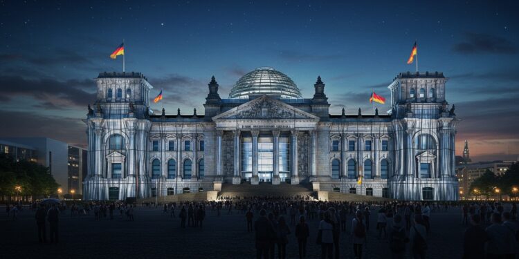 Berlin Célèbre 30 Ans d’Art au Reichstag - Viral Mag Berlin illumine le Reichstag pour les 30 ans de lœuvre de Christo et Jeanne Claude un hommage vibrant à lart et à lunité allemande   Viral Mag