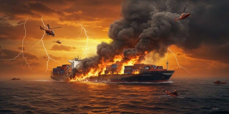 Un porte conteneurs en feu au large de lInde transporte des marchandises dangereuses menaçant lécosystème marin Les secours sactivent pour éviter une catastrophe   Viral Mag