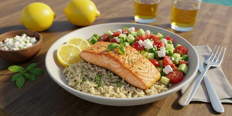Lemony Salmon Rice Bowl : Une Recette Saine et Savoureuse - Viral Mag Découvrez une recette de bol de saumon citronné avec du riz brun et une salade feta concombre et tomate Simple sain et délicieux Viral Mag