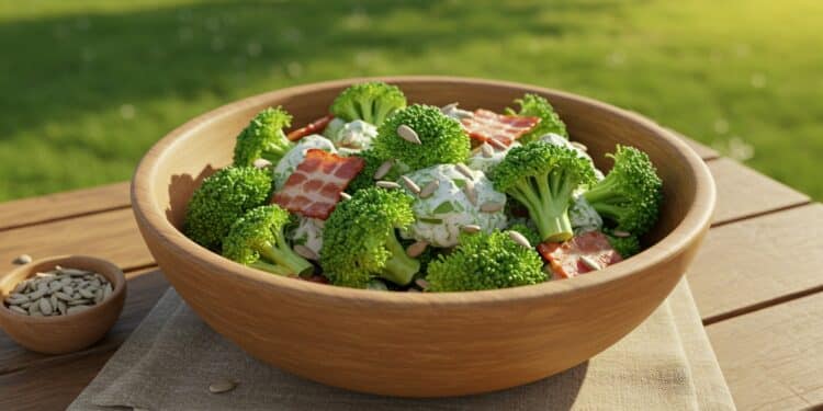 Découvrez une salade de brocoli au bacon parfaite pour vos repas ou pique niques Facile saine et gourmande elle va séduire vos papilles    Viral Mag