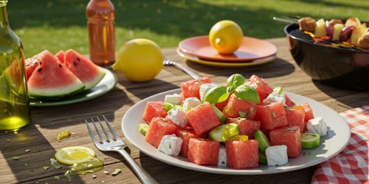 Salade d’Été : Pastèque, Feta et Concombre - Viral Mag Découvrez une salade rafraîchissante de pastèque feta et concombre parfaite pour lété Recette facile saveurs équilibrées idéale pour vos barbecues Viral Mag