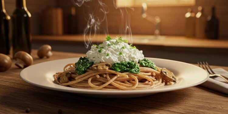 Spaghetti Crémeux aux Champignons et Épinards - Viral Mag Recette facile de spaghetti aux champignons épinards et ricotta  un plat sain rapide et savoureux pour un dîner réconfortant en 30 minutes   Viral Mag