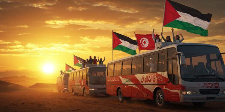 Tunisie : Une Caravane Solidaire Vers Gaza - Viral Mag Une caravane tunisienne part pour Gaza défiant le blocus israélien dans un acte de solidarité symbolique Suivez leur périple   Viral Mag