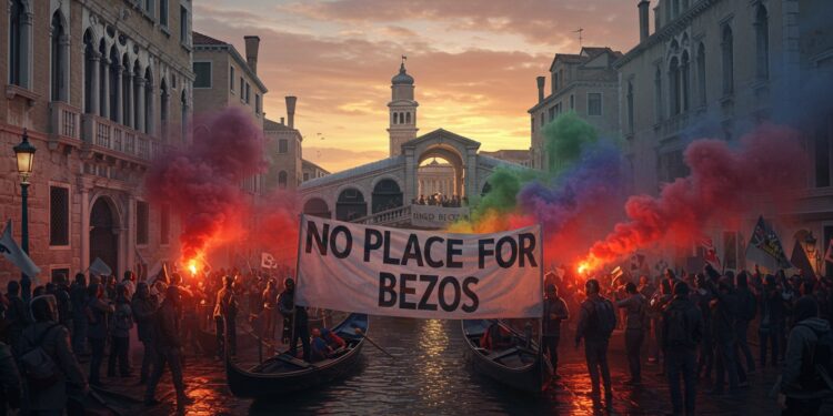 Venise Proteste Contre le Mariage de Bezos - Viral Mag Venise senflamme contre le mariage de Jeff Bezos et Lauren Sanchez dénonçant lexploitation et limpact environnemental Découvrez les manifestations et tensions Viral Mag