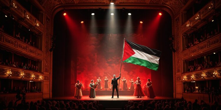 Drapeau Palestinien Déployé au Royal Opera House - Viral Mag Un artiste brandit un drapeau palestinien sur scène à Londres provoquant une polémique Découvrez les détails de cet acte audacieux et ses implications Viral Mag