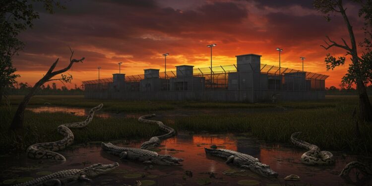 Trump Visite un Centre de Rétention Controversé en Floride - Viral Mag Trump visite un centre de rétention en Floride surnommé Alcatraz des alligators Découvrez les controverses et enjeux de ce projet migratoire Viral Mag