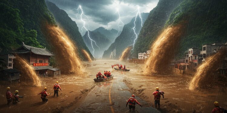 Inondations en Chine : Drame et Réponse d’Urgence - Viral Mag Inondations dévastatrices dans le Gansu Chine 13 morts 30 disparus Découvrez les secours mobilisés et limpact du changement climatique Viral Mag
