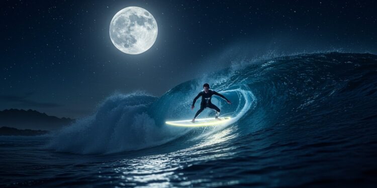 Surf de Nuit : Frissons et Magie sous la Lune - Viral Mag Explorez le surf de nuit une expérience unique mêlant adrénaline et contemplation sous la lumière lunaire Découvrez ses défis et ses charmes Viral Mag