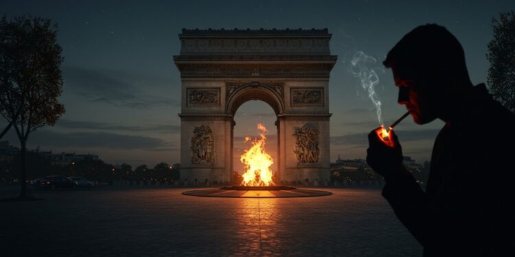 Un Geste Scandaleux Sous l’Arc de Triomphe - Viral Mag Un homme allume sa cigarette avec la flamme du Soldat inconnu à Paris provoquant lindignation Découvrez les réactions et limportance de ce symbole Viral Mag