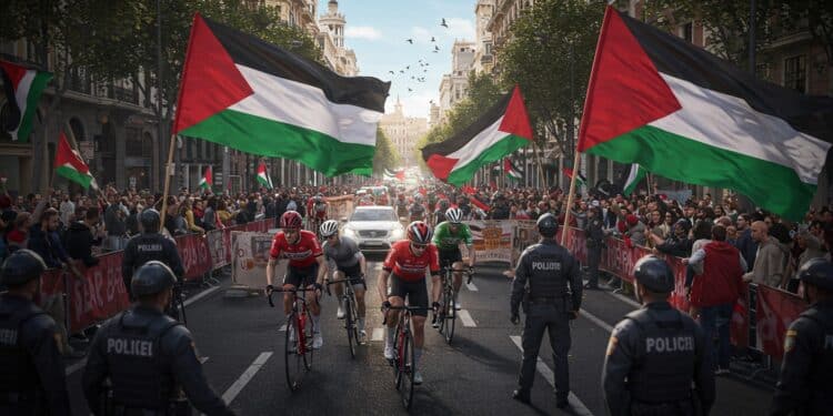 Vuelta 2025 : Manifestations Pro-Palestine Perturbent la Course - Viral Mag La Vuelta 2025 stoppée par des manifestations pro Palestine à Madrid Découvrez les impacts sur les cyclistes et les réactions politiques   Viral Mag