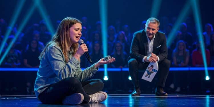 Baisse de Tension Dramatique dans N’oubliez pas les Paroles - Viral Mag Découvrez le moment choc où Alessandra seffondre presque en duel sur France 2 Hypoglycémie ou stress Elle gagne assise par terre avec son porte bonheur secret Viral Mag