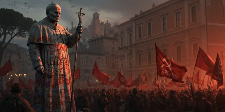 04102025   Une statue de Jean Paul II profanée à Rome lors dune marche pro Palestine Un tag injurieux et un symbole communiste découverts Que révèle cet acte sur les tensions actuelles  Lisez pour comprendre   Viral Mag
