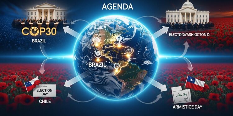 Agenda Mondial Explosif : COP30 et Sommets - Viral Mag Découvrez les événements clés du 10 au 18 novembre 2025 COP30 au Brésil rencontre Trump al Chareh élections en Irak et Chili commémorations Un agenda international captivant à ne pas manquer Viral Mag