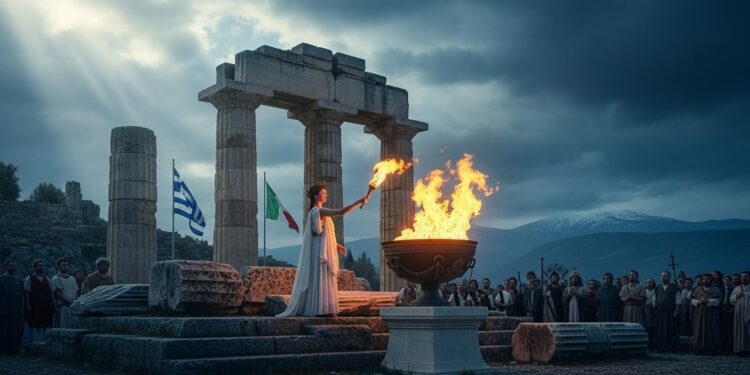 La flamme des Jeux dhiver Milan Cortina 2026 a été allumée à Olympie malgré la pluie Découvrez le rituel le parcours de 12 000 km en Italie et les symboles forts portés par cette édition   Viral Mag