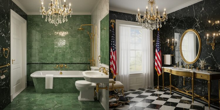 Trump Fière Rénovation Salle Bain Lincoln - Viral Mag Donald Trump dévoile la rénovation luxueuse de la salle de bain Lincoln à la Maison Blanche en marbre noir et blanc Découvrez les détails du avantaprès et le lien avec ses projets grandioses   Viral Mag