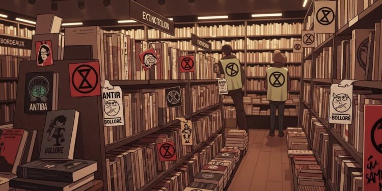 Découvrez comment des militants dExtinction Rebellion ont marqué des centaines de livres Hachette à Bordeaux avec des stickers antifa et antibollo Une protestation contre lemprise de Vincent Bolloré sur lédition   Viral Mag
