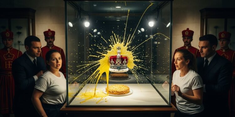 Découvrez comment quatre activistes ont jeté crème anglaise et crumble sur la vitrine des joyaux de la Couronne à Londres Une action choc qui relance le débat sur la désobéissance civile   Viral Mag