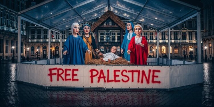 La crèche inclusive sans visage de la Grand Place de Bruxelles a été décapitée tête de Jésus volée puis taguée  Free Palestine  malgré la sécurité renforcée Retour sur une polémique explosive   Viral Mag