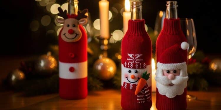 Déco Noël Pas Chère : Habillez Vos Bouteilles avec Style - Viral Mag À seulement 313 € ces adorables housses de Noël en tricot transforment vos bouteilles en stars de la table Renne Père Noël ou bonhomme de neige découvrez cette astuce festive irrésistible Viral Mag