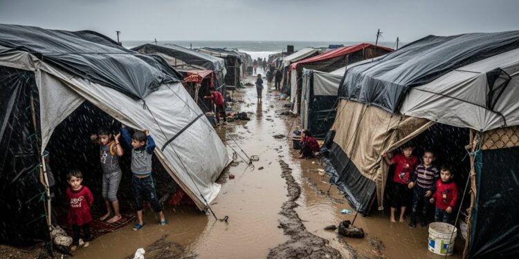 À Gaza de nouvelles pluies violentes inondent les tentes des déplacés Familles trempées enfants glacés  la crise humanitaire saggrave sous les intempéries dans un territoire dévasté par la guerre   Viral Mag