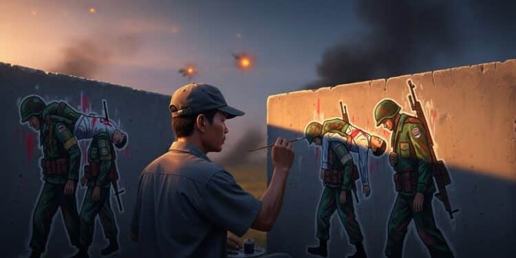 La Paix au Milieu du Chaos : Un Professeur Thaïlandais Peint la Guerre - Viral Mag Découvrez comment un professeur de musique thaïlandais transforme les bunkers en œuvres dart au cœur des combats à la frontière cambodgienne Une histoire poignante de courage et de résilience Viral Mag