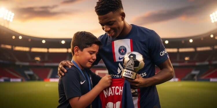 L’Émotion Pure d’un Jeune Fan avec Ibrahim Mbaye - Viral Mag Découvrez le moment émouvant où le jeune Thyméo remet le trophée à Ibrahim Mbaye star du PSG après Metz PSG Un échange de maillot qui a fait fondre les cœurs Viral Mag