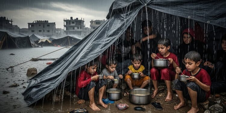 À Gaza la tempête Byron noie les camps de déplacés sous des pluies torrentielles Tentes inondées enfants trempés familles démunies  la guerre et le climat sacharnent ensemble   Viral Mag