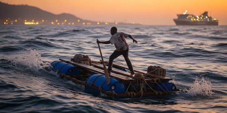 Un migrant africain retrouvé à 8 km des côtes espagnoles sur une embarcation de fortune faite de planches et de bidons Sauvé par les secours maritimes il incarne le désespoir et les risques extrêmes de la route migratoire la plus mortelle du monde   Viral Mag