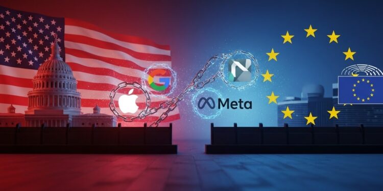 Washington Menace l’UE de Représailles Numériques - Viral Mag Les États Unis menacent lUnion européenne de représailles si elle maintient sa régulation numérique jugée discriminatoire envers les géants tech américains Quelles conséquences pour les relations transatlantiques Viral Mag