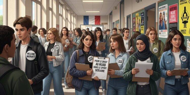 Dans un lycée de Lagny sur Marne une antenne jeune dAmnesty International distribue badges pro migrants et pousse à signer une pétition pour autoriser le voile dans le sport Une présence qui soulève des questions sur la neutralité scolaire   Viral Mag