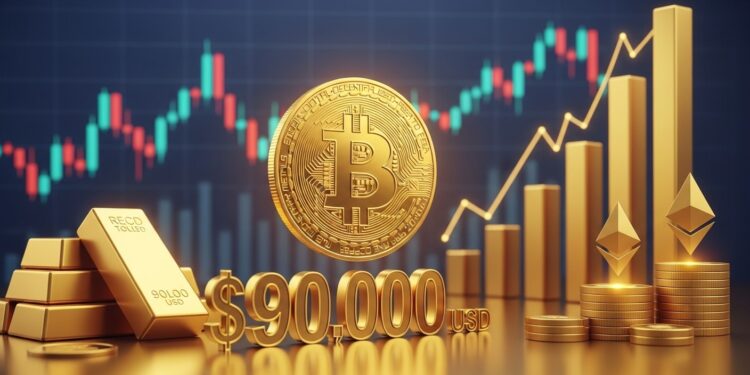 Bitcoin près de 90 000 $ : Stabilité Amidst Records Or et Rebond Actions - Viral Mag Bitcoin stagne autour de 90K tandis que lor explose et les actions rebondissent Analyse des dynamiques crypto accumulation ETH massive et perspectives 2026 Viral Mag