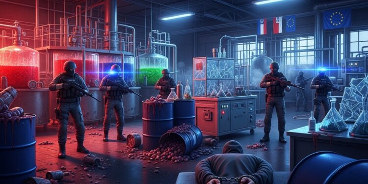 Coup de Filet Historique : 24 Labs de Drogues de Synthèse Démantelés en Europe - Viral Mag Europol frappe fort contre le trafic de drogues de synthèse 24 laboratoires industriels détruits 85 arrestations et près de 1000 tonnes de précurseurs chimiques saisis Un coup dur pour les réseaux criminels Viral Mag