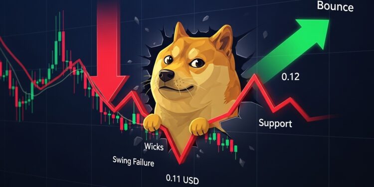 Découvrez pourquoi Dogecoin stabilise autour de 011 $ après un rejet à 012 $ Le pattern swing failure suggère un rebond de soulagement vers la résistance Analyse technique détaillée et perspectives 2026   Viral Mag