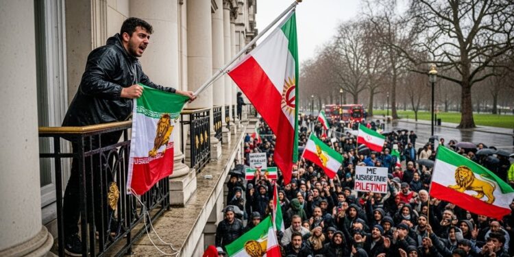 À Londres des manifestants ont remplacé le drapeau iranien par celui de la monarchie Pahlavi devant lambassade puissant symbole de contestation contre le régime actuel Une scène marquante au cœur de la révolte iranienne   Viral Mag