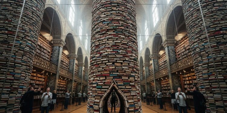 À Prague une installation artistique de 8000 livres crée un tunnel sans fin devenu viral sur TikTok Découvrez pourquoi cette tour fascine et perturbe la bibliothèque municipale   Viral Mag