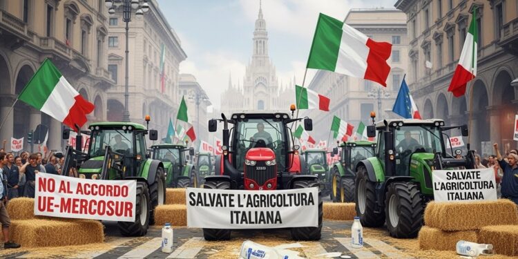 Manifestations à Milan Contre l’Accord UE-Mercosur - Viral Mag Des centaines dagriculteurs italiens bloquent Milan avec tracteurs pour sopposer à laccord UE Mercosur validé malgré les concessions Colère agricole en Europe Viral Mag