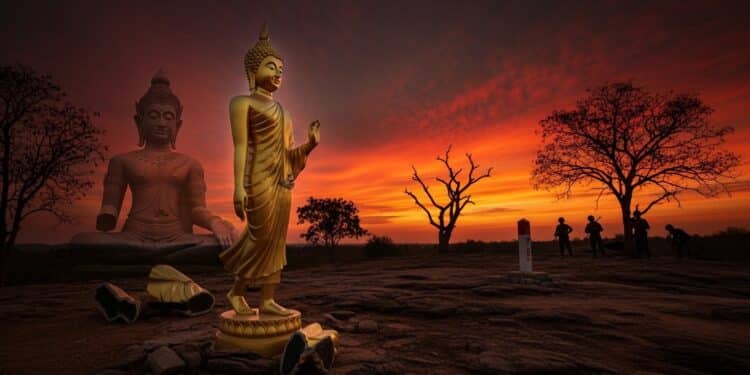 Statue de Bouddha à la Frontière Thaï-Cambodgienne : Tension Religieuse - Viral Mag Une statue de Bouddha remplace une effigie hindoue détruite dans une zone disputée entre Thaïlande et Cambodge ravivant les tensions malgré le cessez le feu Décryptage dun symbole fort Viral Mag