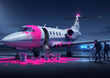 Trois Éco-Activistes Arrêtés pour Peindre en Rose l’Avion de Merz - Viral Mag Trois militants écologistes interpellés en Allemagne pour tentative de peindre en rose lavion privé du chancelier Friedrich Merz visant à le retirer du trafic aérien pour raisons climatiques Une action audacieuse qui interroge lexemplarité politique face à lurgence environnementale Viral Mag