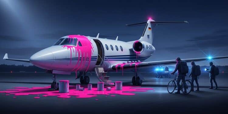 Trois Éco-Activistes Arrêtés pour Peindre en Rose l’Avion de Merz - Viral Mag Trois militants écologistes interpellés en Allemagne pour tentative de peindre en rose lavion privé du chancelier Friedrich Merz visant à le retirer du trafic aérien pour raisons climatiques Une action audacieuse qui interroge lexemplarité politique face à lurgence environnementale Viral Mag
