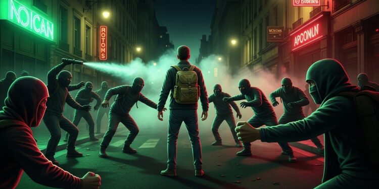 Agression à la Guillotière : Attaqué pour un Sac Kaki - Viral Mag Un homme agressé à Lyon par un groupe qui linsulte de sale facho à cause de son sac à dos kaki avant coups et gaz lacrymogène Détails et contexte dun incident choquant dans la Guillotière Viral Mag