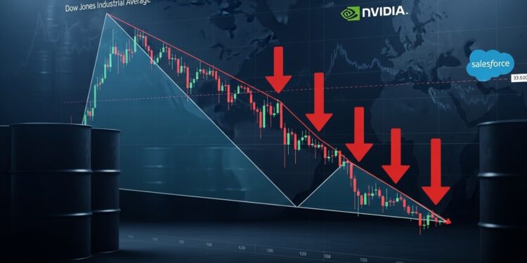 Le Dow Jones forme un pattern inquiétant en coin haussier alors que les craintes géopolitiques et tarifaires montent Analyse complète avant les publications majeures de NVIDIA et Salesforce cette semaine   Viral Mag