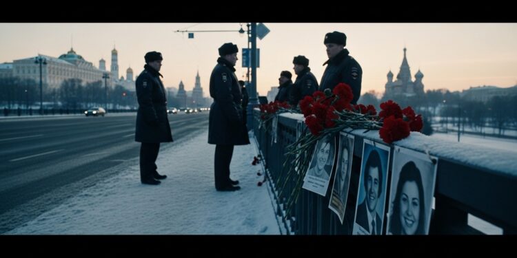À Moscou seuls quelques courageux ont bravé la peur pour honorer Boris Nemtsov assassiné il y a onze ans Un mémorial sous haute surveillance reflète le climat de répression actuel en Russie   Viral Mag