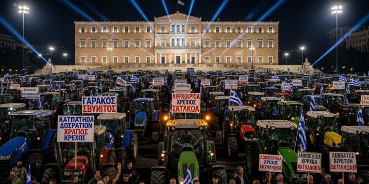 Des milliers dagriculteurs grecs bloquent Athènes avec leurs tracteurs pour exiger des aides urgentes face à la crise Subventions retardées prix bas et épidémies menacent leur survie Décryptage complet   Viral Mag