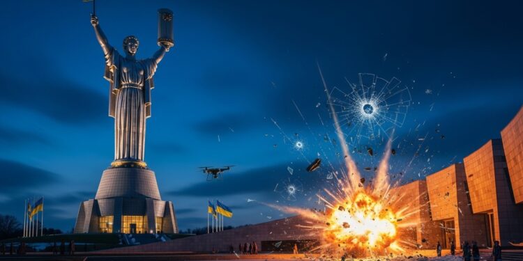 Monument Mère Patrie à Kiev Touché par Attaque Russe - Viral Mag Dans la nuit du 2 au 3 février 2026 le hall de la gloire du musée de la Seconde Guerre mondiale à Kiev au pied de la statue Mère Patrie a été endommagé par une frappe russe massive Un acte symbolique dénoncé comme cynique Viral Mag